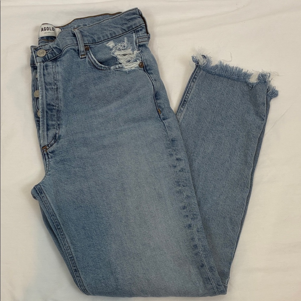 Agolde Women’s 30 High-Waist Light Wash Distressed Jeans Button Fly Straight Leg